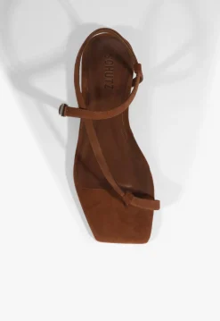Clearance Schutz Lisa Brown Suede Flat Sandal Pecan Brown