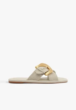 New Schutz Lois Beige Linen Flat Sandal Off White