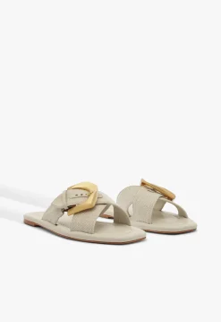 New Schutz Lois Beige Linen Flat Sandal Off White